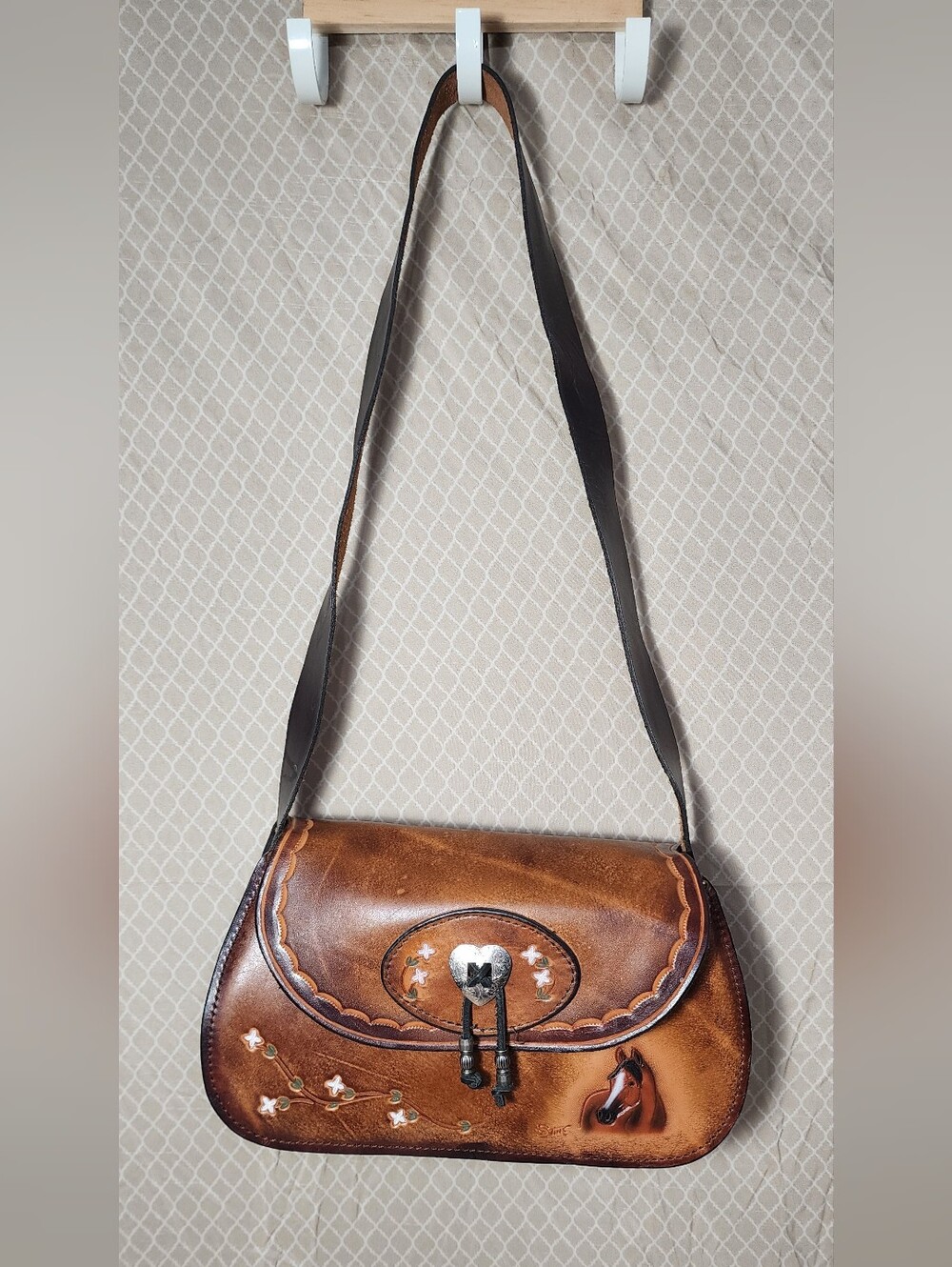 Vintage Western Leather Handcrafted Matt & Debbie Stine Shoulder Bag Used